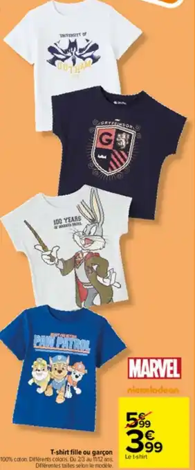 Carrefour T-shirt fille ou garçon 100% coton. Différents coloris, Du 2/3 au 11/12 ans. Différentes tailles selon le modèle. offre