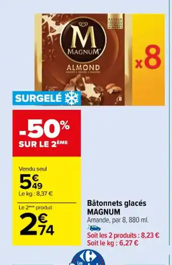 Carrefour Bâtonnets glacés MAGNUM Amande, par 8, 880 ml. offre