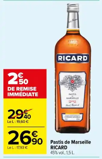 Carrefour Pastis de Marseille RICARD 45% vol., 1,5 L. offre
