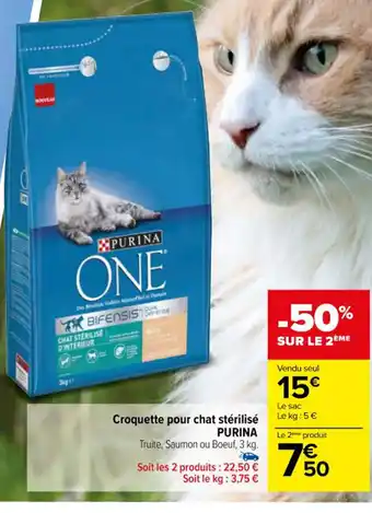 Carrefour Croquette pour chat stérilisé PURINA Truite, Saumon ou Boeuf, 3 kg. offre
