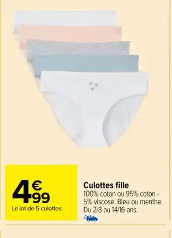 Carrefour Culottes fille 100% coton ou 95% coton - 5% viscose. Bleu ou menthe. Du 2/3 au 14/16 ans. offre