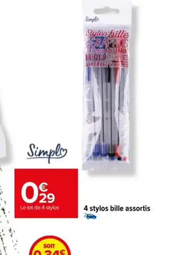 Carrefour 4 stylos bille assortis offre