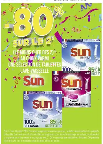 Sun -80% sur le 2e au choix parmi une sélection de tablettes lave-vaisselle sun