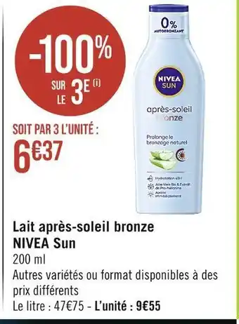 Casino Supermarchés Nivea sun lait après-soleil bronze offre