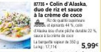 Thiriet Colin d'alaska duo de riz et sauce a la creme de coco offre