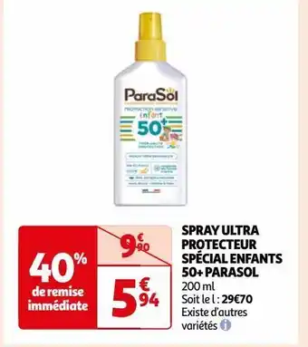 Auchan Supermarché Spray ultra protecteur spécial enfants 50+ parasol offre