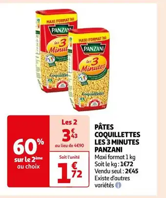 Auchan Panzani pâtes coquillettes les 3 minutes offre