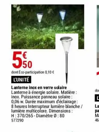Gamm vert Lanterne inox en verre solaire offre