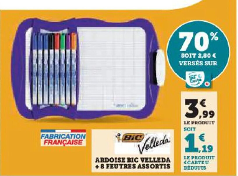 Promo ARDOISE BIC VELLEDA +8 FEUTRES ASSORTIS chez Hyper U