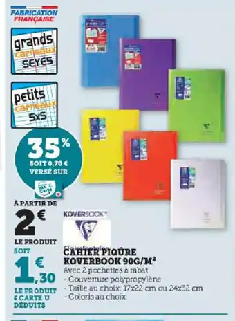 Hyper U CAHTER PIQURE KOVERBOOK 90G/M² Avec 2 pochettes à rabat offre