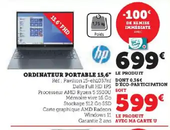 Hyper U ORDINATEUR PORTABLE 15,6" LE PRODUIT offre