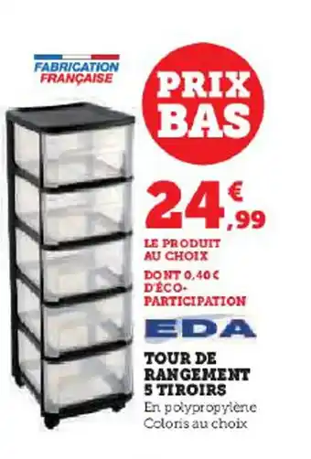 Hyper U EDA TOUR DE RANGEMENT 5 TIROIRS En polypropylène Coloris au choix offre