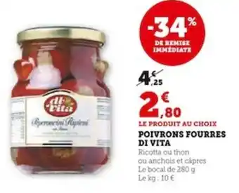 Super U POIVRONS FOURRES DI VITA Ricotta ou thon ou anchois et cápres Le bocal de 280 g offre