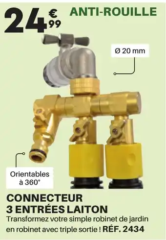 Shopix CONNECTEUR 3 ENTRÉES LAITON Transformez votre simple robinet de jardin en robinet avec triple sortie ! RÉF. 2434 offre