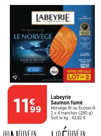 Bi1 Labeyrie Saumon fumé Norvège (H) ou Écosse (l) 2 x 4 tranches (280 g) Soit le kg: 42,82 € offre
