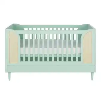 Lit bébé évolutif à barreaux vert et cannage en rotin l145