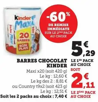 U Express Barres chocolat kinder offre