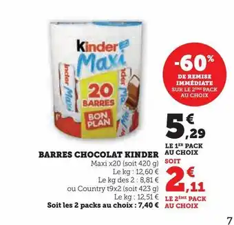 Super U Barres chocolat kinder offre