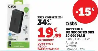 Hyper U Batterie de secours sbs 20 000 mah offre