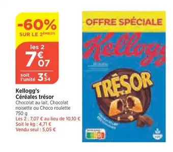 Bi1 Kellogg's Céréales trésor Chocolat au lait, Chocolat noisette ou Choco roulette 750 g offre