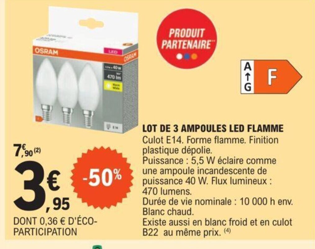 Promo LOT DE 3 AMPOULES LED FLAMME Culot E14. Forme flamme. Finition plastique dépolie. chez E