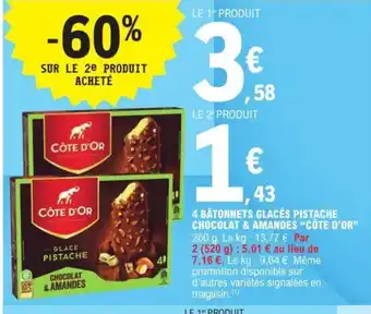 E.Leclerc 4 BÂTONNETS GLACÉS PISTACHE CHOCOLAT & AMANDES "CÔTE D'OR" offre