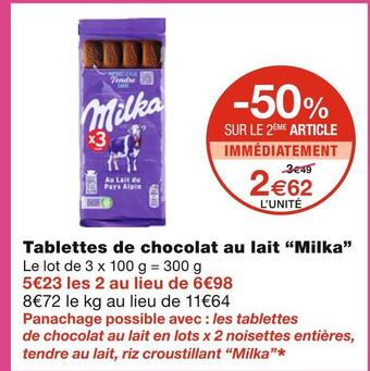 Monoprix Milka tablettes de chocolat au lait offre