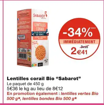 Monoprix Sabarot lentilles corail bio offre