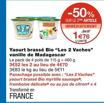Monoprix Les 2 vaches yaourt brassé bio vanille de madagascar offre