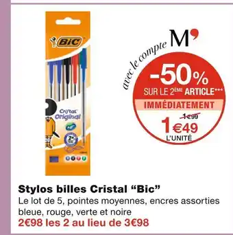 Monoprix Bic stylos billes cristal offre