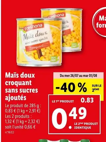 Lidl Maïs doux croquant sans sucres offre
