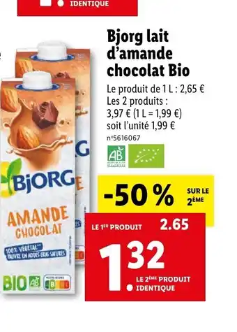 Lidl Bjorg lait d'amande chocolat Bio offre