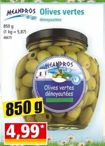 Norma Meandros olives vertes dénoyautées offre