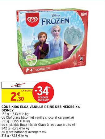 Intermarché Hyper CÔNE KIDS ELSA VANILLE REINE DES NEIGES X4 DISNEY offre
