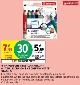 4 MARQUEURS STABILO MARKDRY + 1 TAILLE-CRAYONS + 1 CHIFFONNETTE STABILO