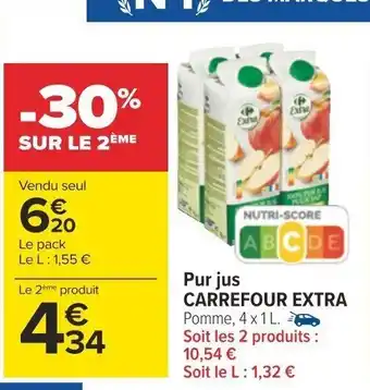 Carrefour Pur jus CARREFOUR EX RA Pomme, 4 x 1 L. offre