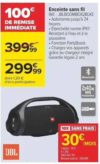 Carrefour Enceinte sans fil Réf. JBLBOOMBOX2BLKE • Autonomie jusqu'à 24 heures offre