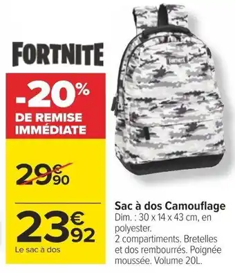 Carrefour Sac à dos Camouflage Dim.: 30 x 14 x 43 cm, en polyester. offre