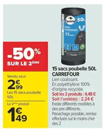 Carrefour 15 sacs poubelle 50L CARREFOUR Lien coulissant. En polyéthylène 100% d'origine recyclée. offre