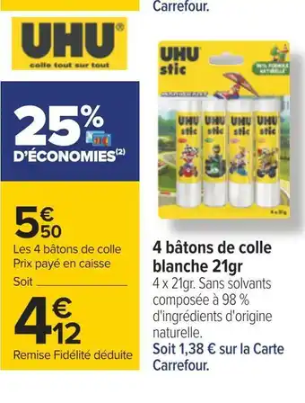 Uhu 4 bâtons de colle blanche 21gr