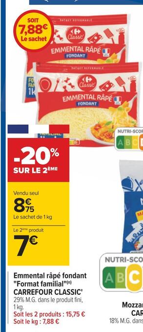 Carrefour Carrefour classic' emmental râpé fondant format familial offre
