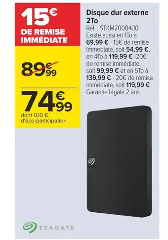 Carrefour Seagate disque dur externe 2to offre