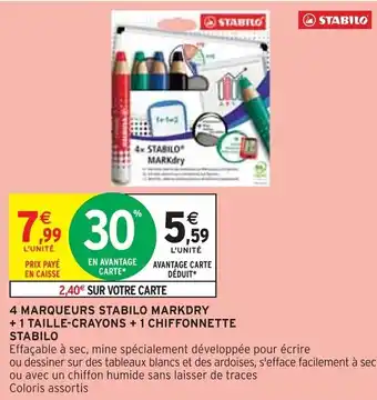 4 MARQUEURS STABILO MARKDRY + 1 TAILLE-CRAYONS + 1 CHIFFONNETTE STABILO