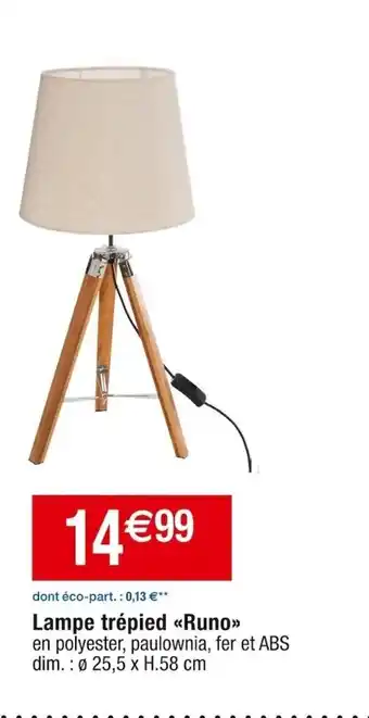 Cora x Carrefour Lampe trépied << Runo>> en polyester, paulownia, fer et ABS dim. : Ø 25,5 x H.58 cm offre