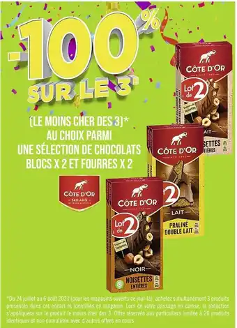 Casino Supermarchés Cote d'or -100% sur le 3e au choix parmi une sélection de chocolats blocs x 2 et fourres x 2 cote d'or offre