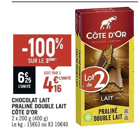 Promo Côte d’or chocolat lait praliné double lait chez Spar