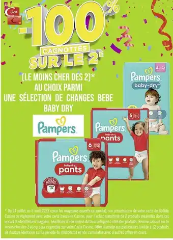 Casino Supermarchés Pampers -100% cagnottés sur le 2e avec ma carte casino au choix parmi une sélection de changes bebe baby dry pampers offre