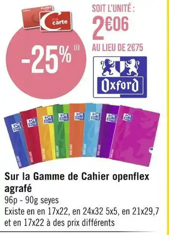 Oxford sur la gamme de cahier openflex agrafé