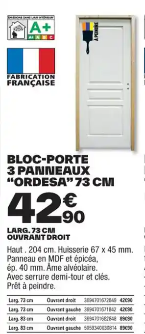 Brico Dépôt BLOC-PORTE 3 PANNEAUX "ORDESA" 73 CM offre