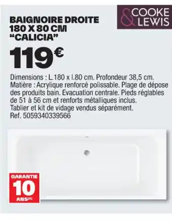 Brico Dépôt BAIGNOIRE DROITE 180 X 80 CM "CALICIA" offre